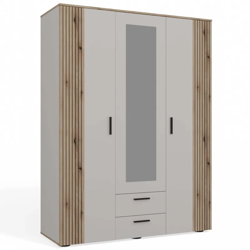 Okazja SZAFA AVA 150 CM LUSTRO 2 SZUFLADY RYFLOWANY FRONT DĄB EVOKE KASZMIR BEŻ