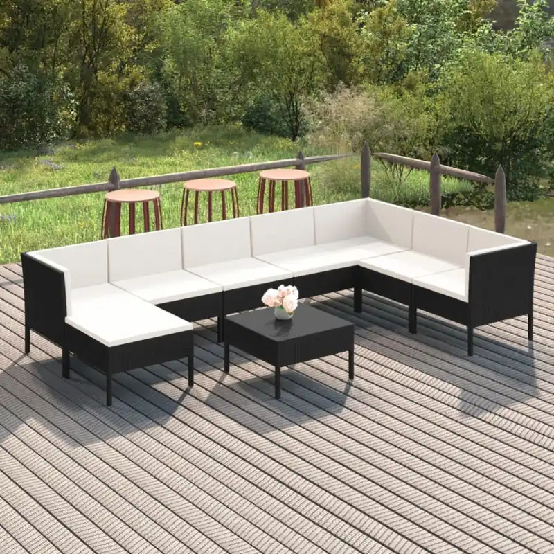 Niska cena 9-cz. zestaw wypoczynkowy do ogrodu, poduszki, czarny rattan pe