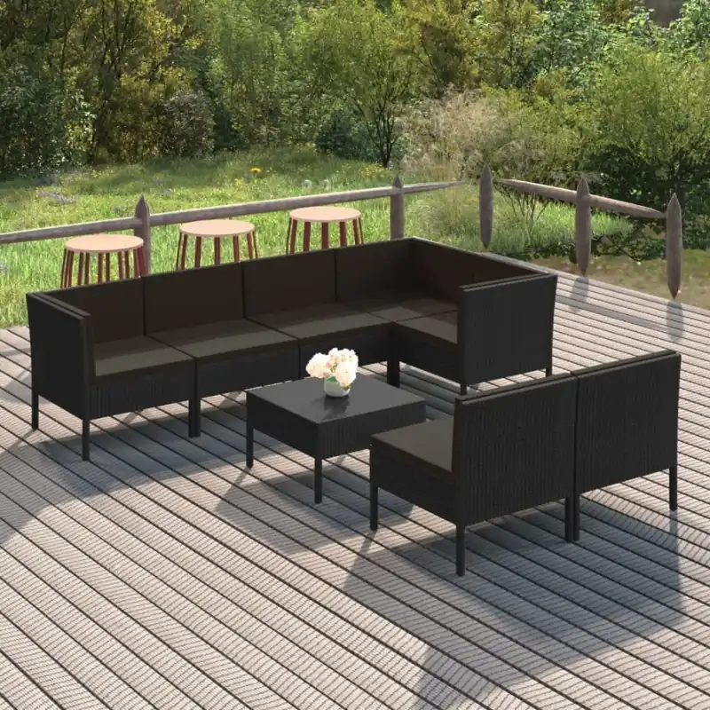 Wyjątkowa oferta 8-cz. zestaw wypoczynkowy do ogrodu, poduszki, czarny rattan pe