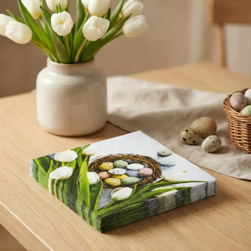 Bestseller Serwetki papierowe wielkanocne PAW EGGS AND TULIPS BIAŁE 20 szt.