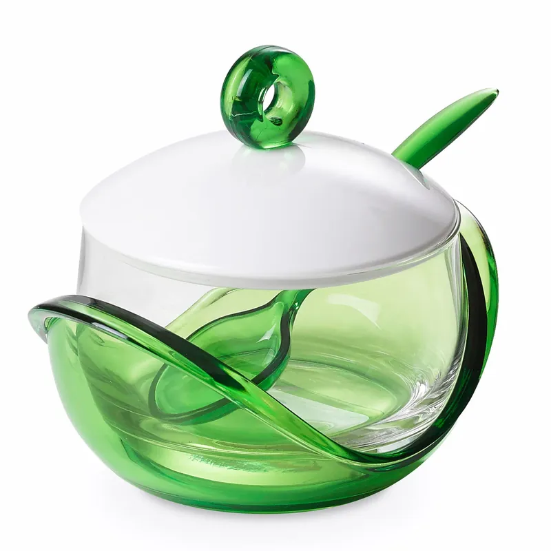 Cukiernica szklana z podstawką i łyżeczką OMADA TRENDY ZIELONA 250 ml Premium