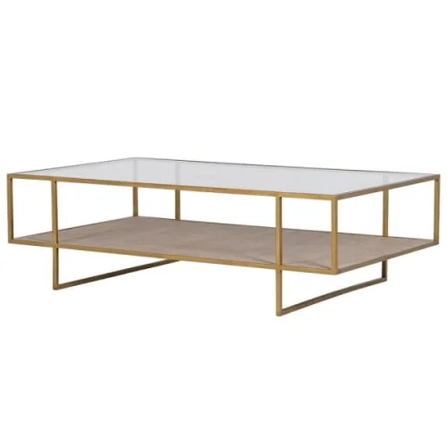 Stolik kawowy Rattan Gold Rec 132 cm szkło i rattan złoty metal Sprawdź teraz
