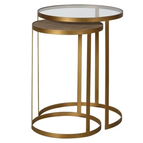 Hit sprzedaży Dwa stoliki pomocnicze Rattan Gold 50 i 40 cm szkło i rattan złoty metal