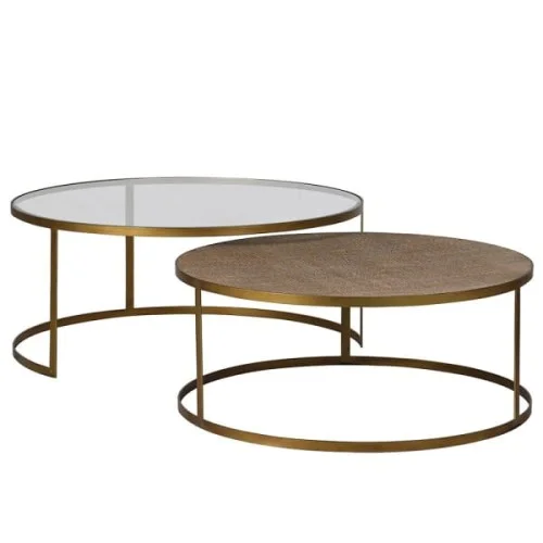 Dwa stoliki kawowe Rattan Gold 100 cm szkło i rattan złoty metal Ostatnie sztuki