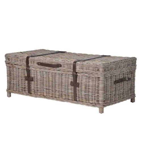 Obniżka ceny Stolik kawowy Rattan Taba 120 cm kufer skrzynia skórzane detale