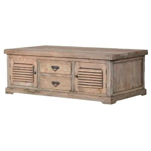 Drewniany stolik kawowy Garda Pine 140 cm sosna drewno z odzysku szuflady i szafki Oferta czasowa