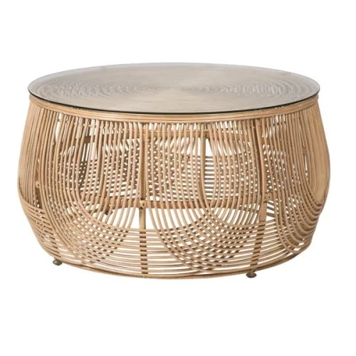 Super okazja Okrągły stolik kawowy Rattan Natural 77 cm plecionka rattan okrągły blat szklany