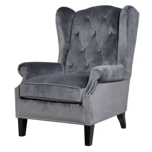 Taniej Szary fotel Elegance Velvet uszak 103 cm guziki ozdobne czarne nóżki