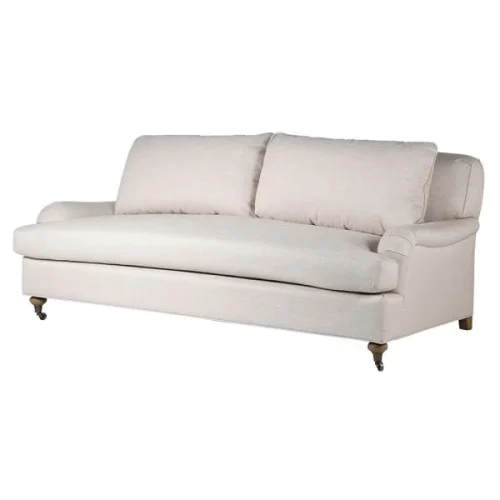 Jasna sofa Love lniana tapicerka 210 cm poduszka nóżki na kółkachtrzyosobowa kanapa Nowość