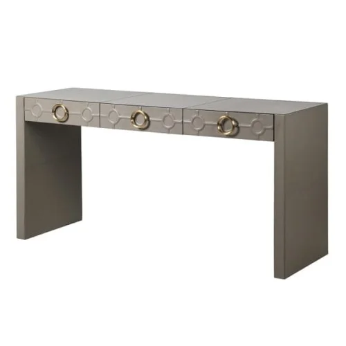 Nowość Konsola Grey Leather 153 cm konsola szara skóra trzy szuflady dekoracyjne przeszycia
