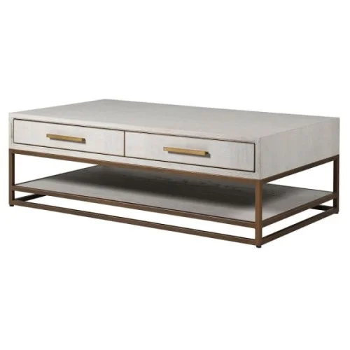 Tani Stolik kawowy Primrose 130 cm jasny dąb elegancki mebel do salonu miedziane detale