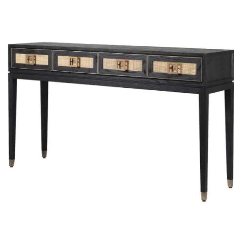 Konsola Zelten Black 160x91 cm cztery szuflady dąb rattan czarny stolik konsolowy Rabat