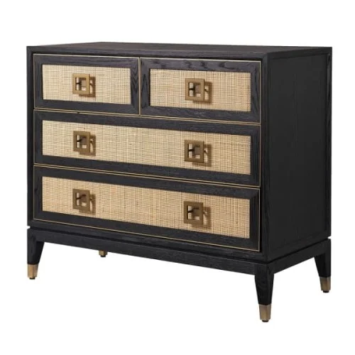 Oferta czasowa Komoda Zelten Black 88x100 cm cztery szuflady dąb rattan czarna
