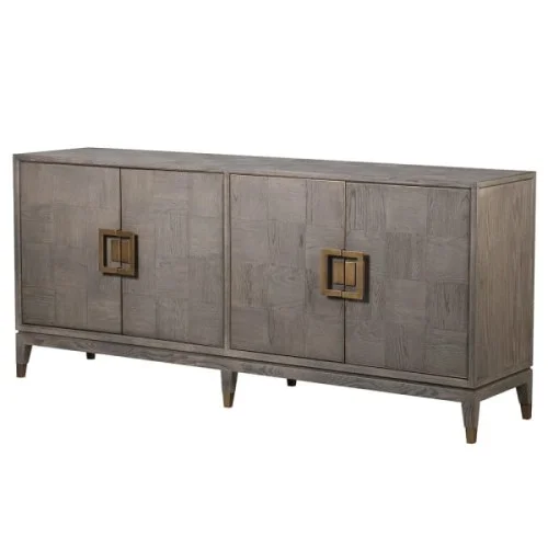 Cena promocyjna Komoda Camile Oak 193x86 cm szary dąb detale w odcieniu mosiądzu cztery drzwi