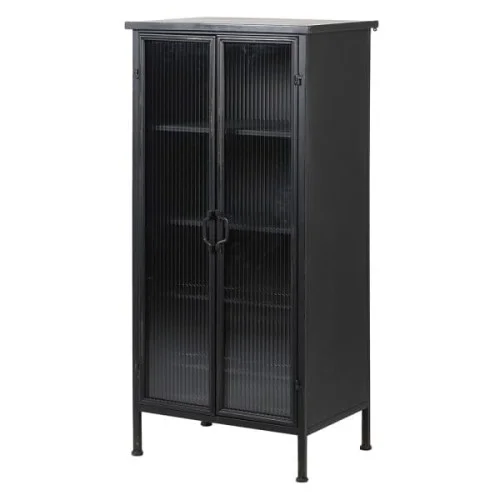Barek wysoka komoda Linton Black 120 cm wysokości czarne żelazo przecierane szklane drzwiczki Dodaj do koszyka