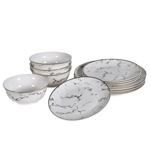 Komplet Marble 12 elementów talerze i miski efekt marmuru Tani
